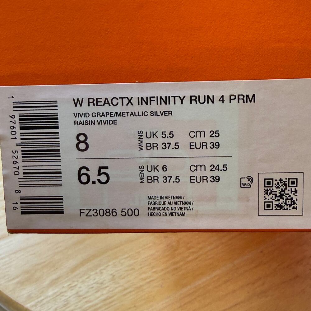 Nike ReactX Infinity Run Flyknit 4 Premium Womens Grape Silver FZ3086 Size 8 - Picture 8 of 8